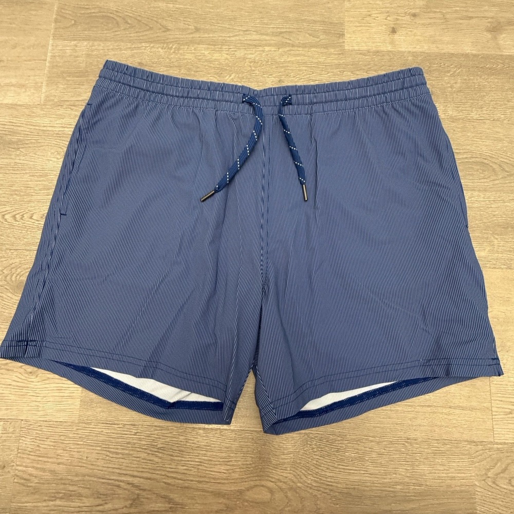 Quince Italian Swim Trunks Mens Large Blue Stripe Lined Stretch Swim Shorts
